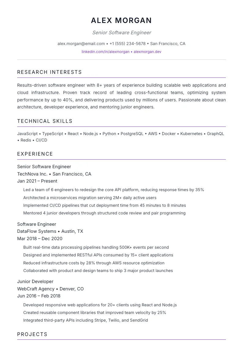 Academic résumé template preview