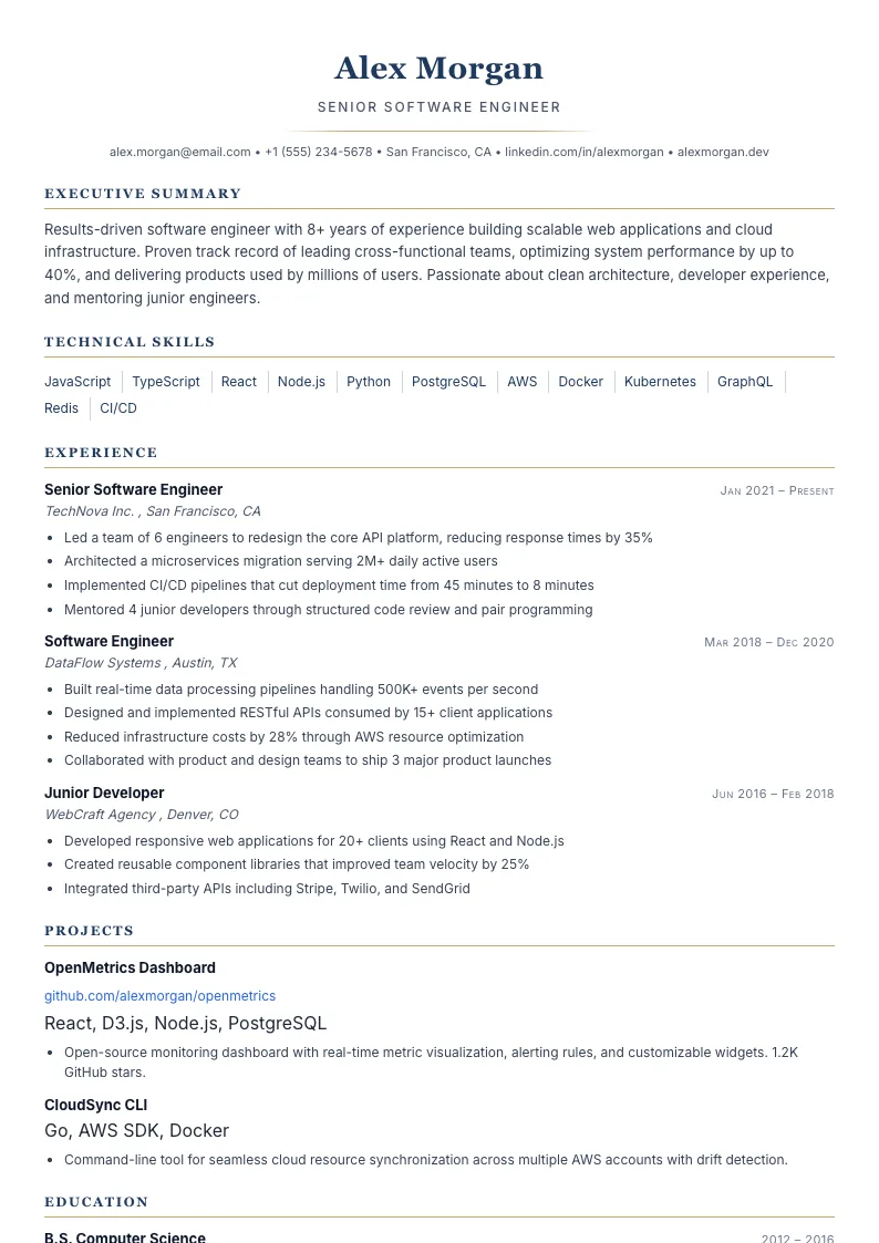 Apex résumé template — full preview