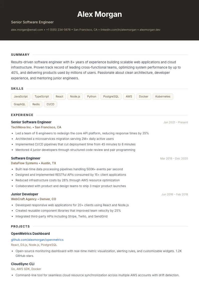 Banded résumé template — full preview