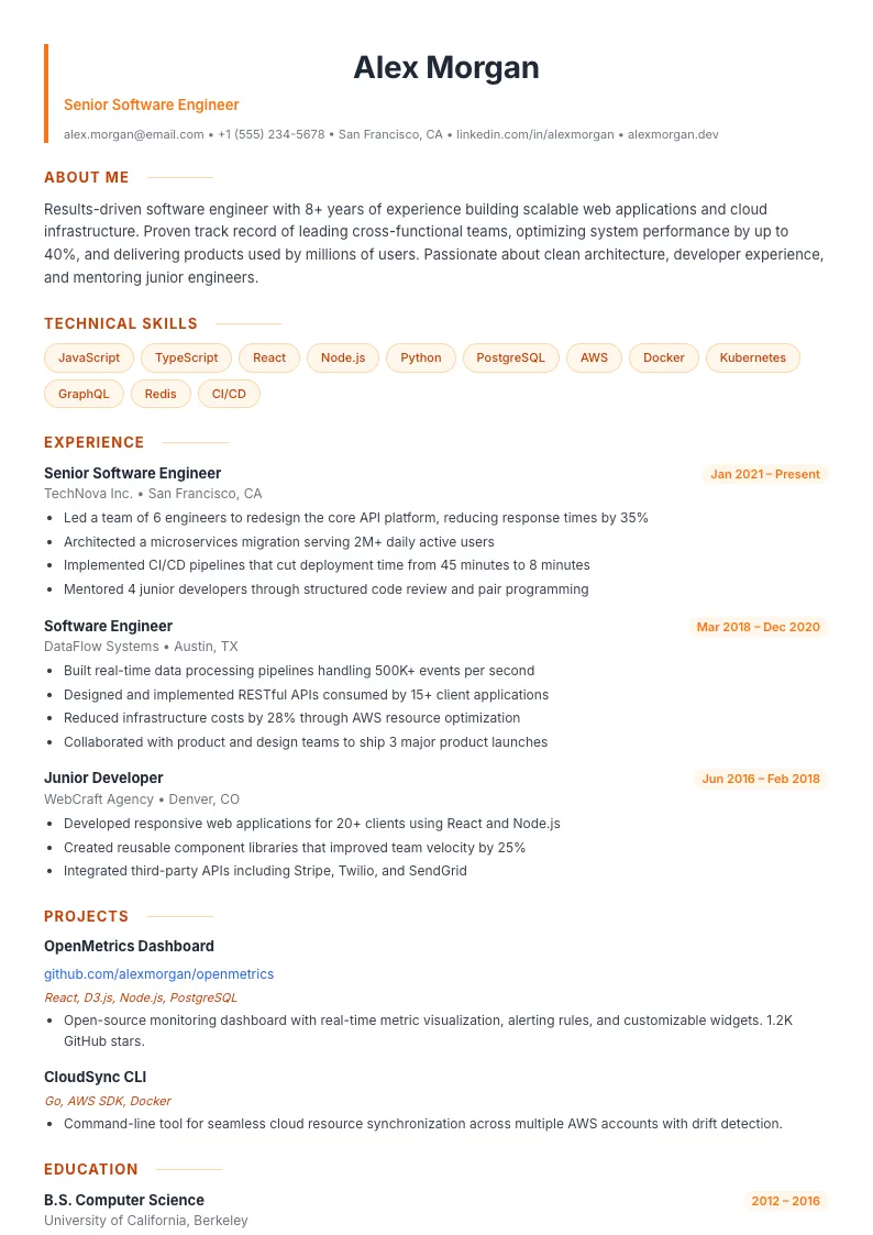 Bloom résumé template — full preview