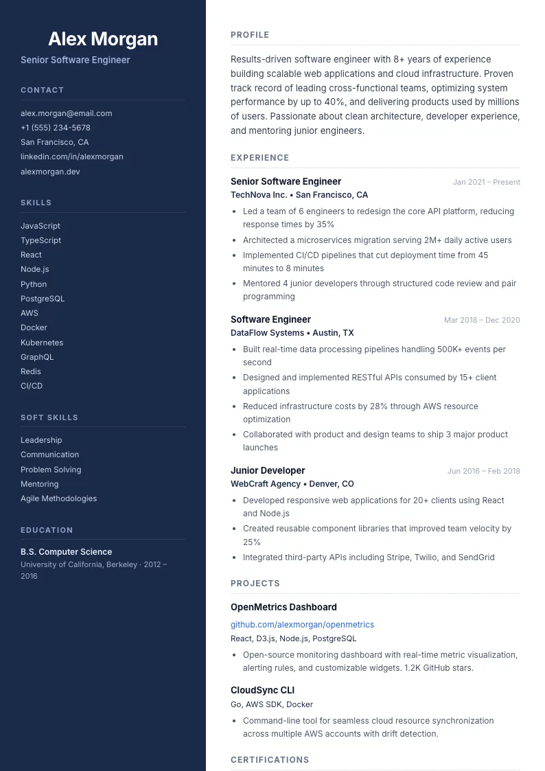 Duo résumé template — full preview