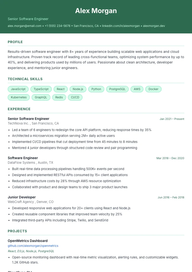 Emerald Classic résumé template — full preview