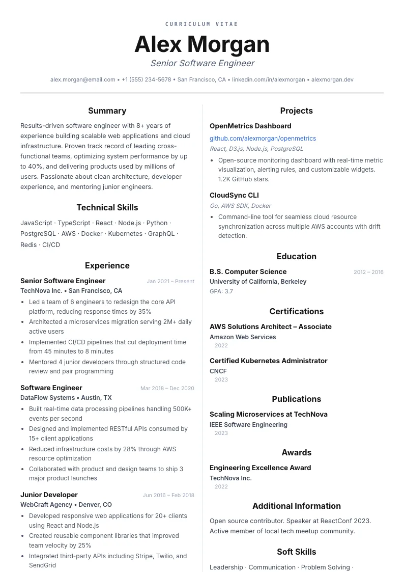 Gazette résumé template — full preview