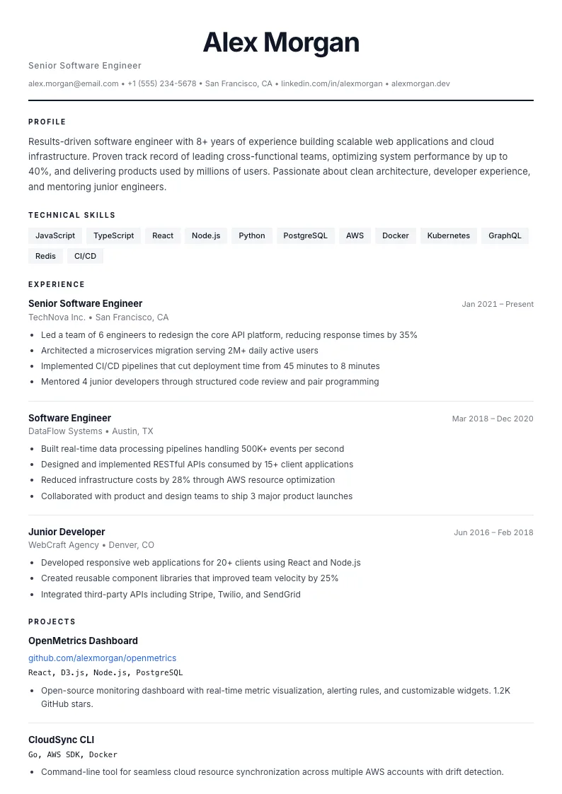 Graphite résumé template — full preview