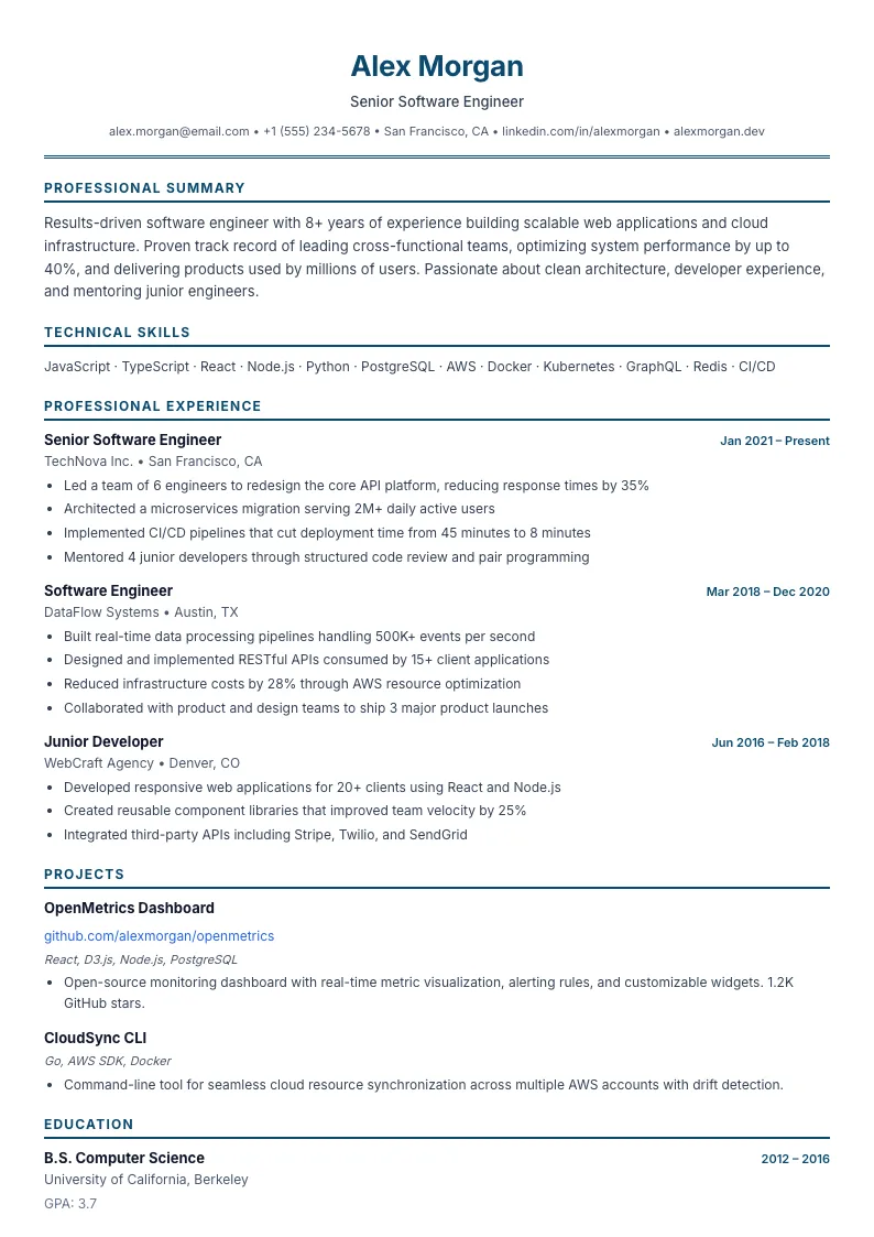 Meridian résumé template — full preview