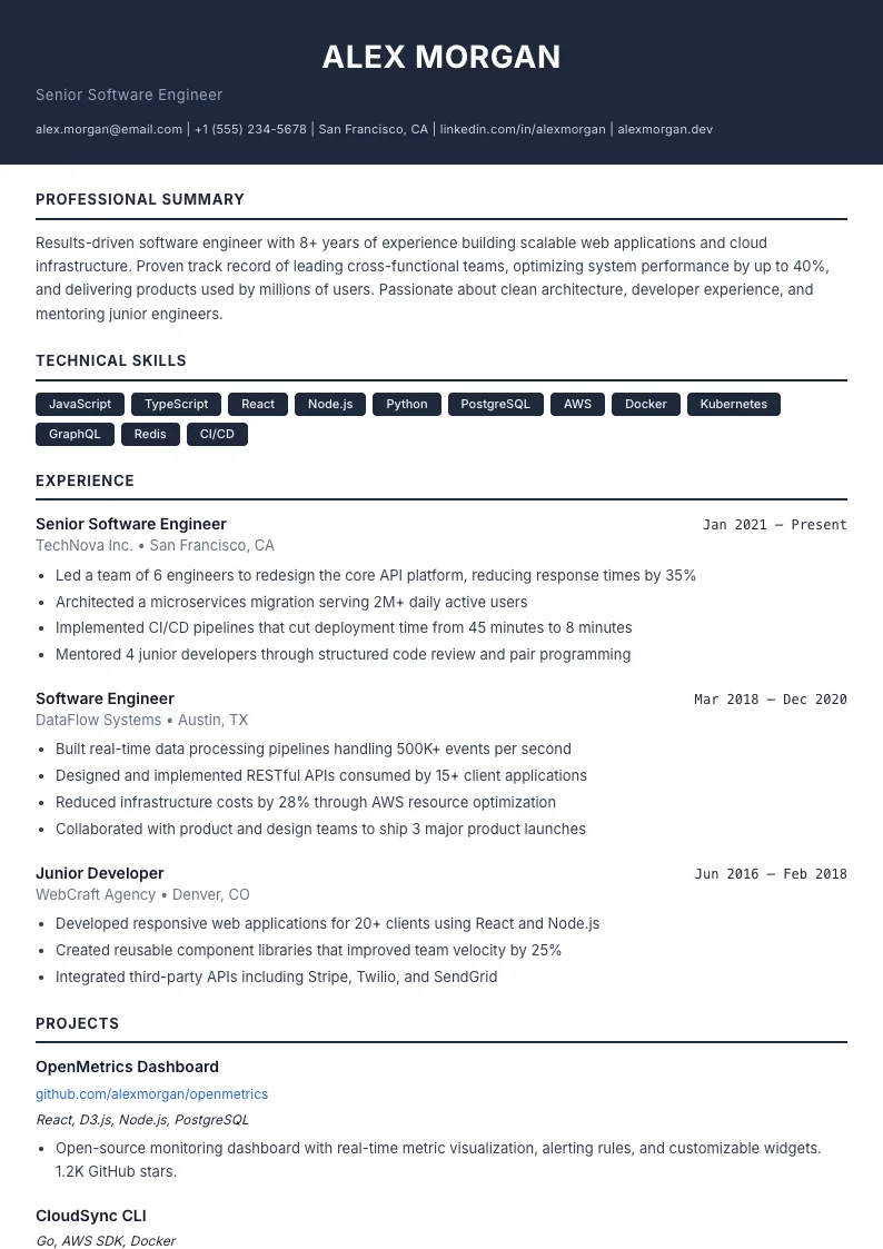 Midnight résumé template — full preview