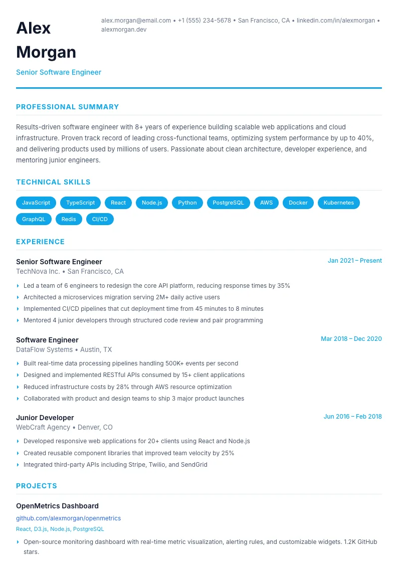 Modern résumé template — full preview