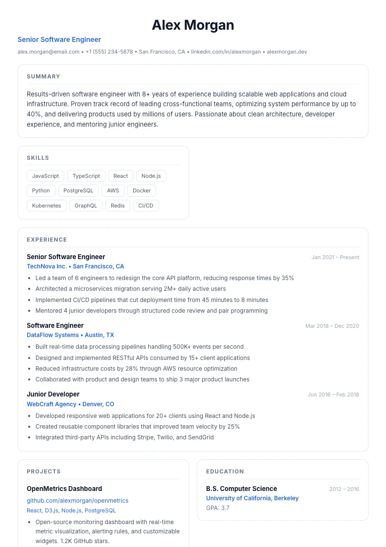 Modular résumé template preview