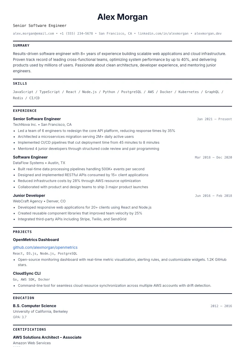 Compact Mono résumé template — full preview