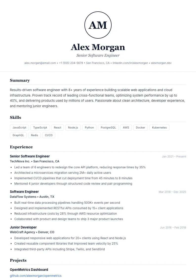 Monogram résumé template — full preview