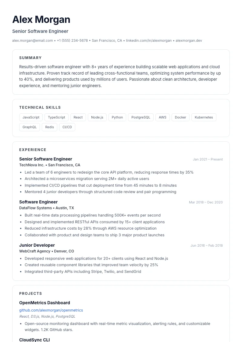 Outline résumé template — full preview