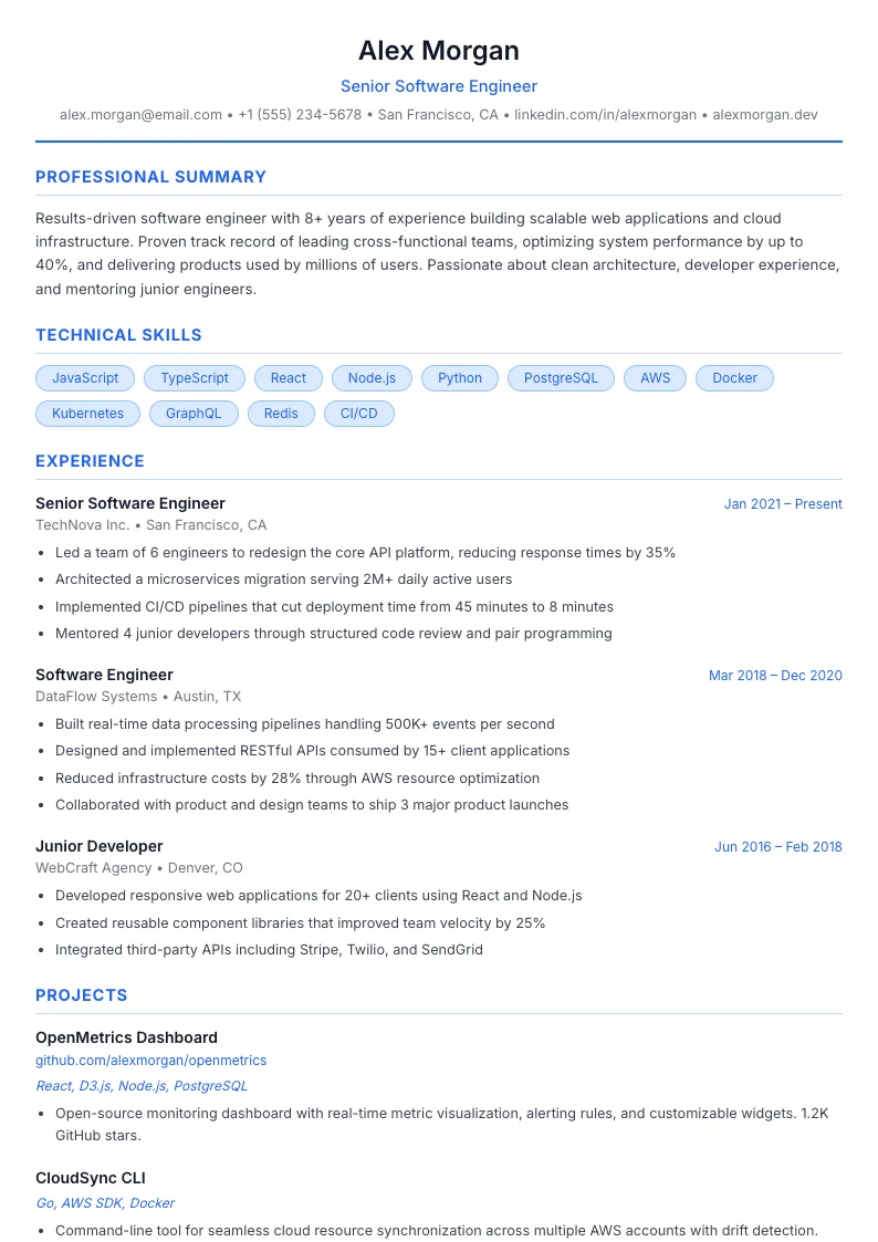 Professional résumé template — full preview