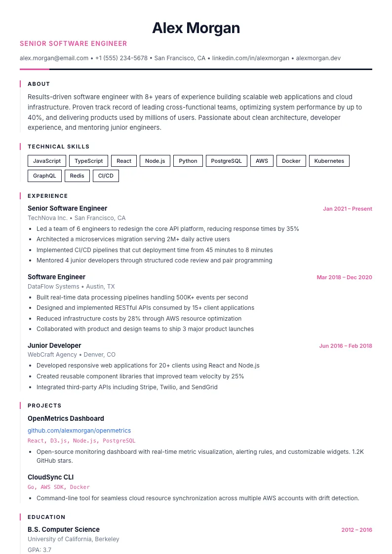 Pulse résumé template — full preview