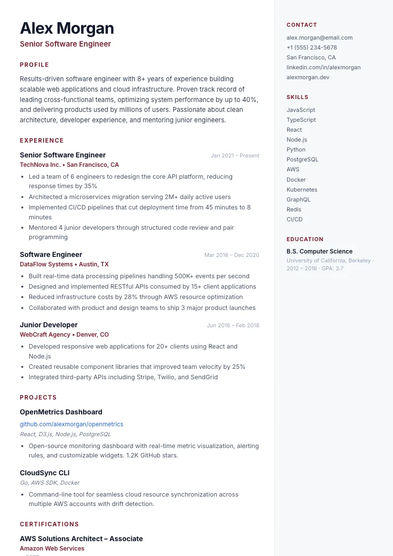 Right Rail résumé template — full preview