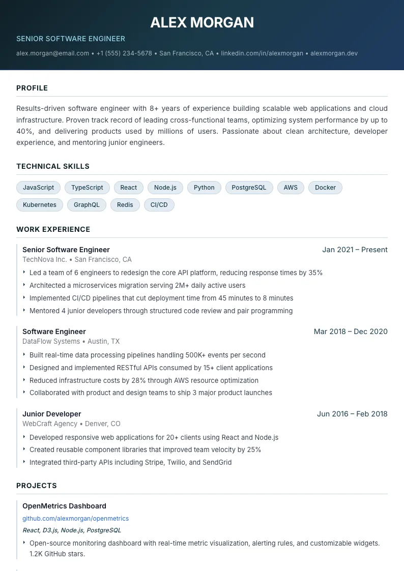 Sidebar résumé template — full preview