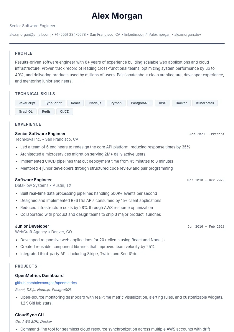 Slate résumé template — full preview