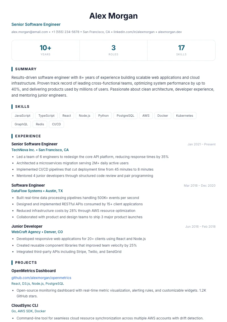 Spotlight résumé template — full preview