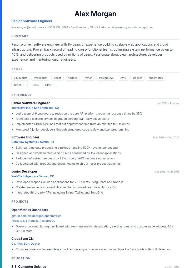 Stripe résumé template — full preview