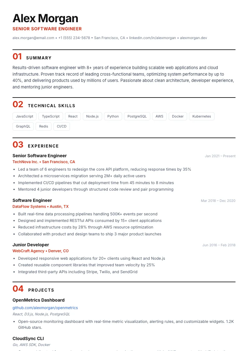 Swiss résumé template preview