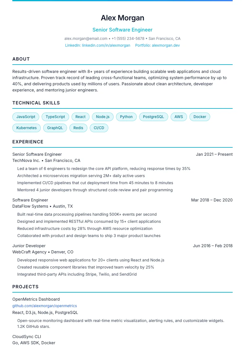 Tech résumé template preview