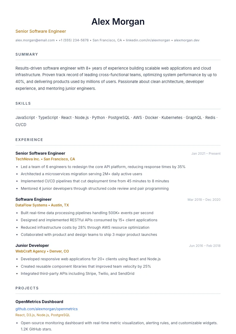 Underline résumé template — full preview